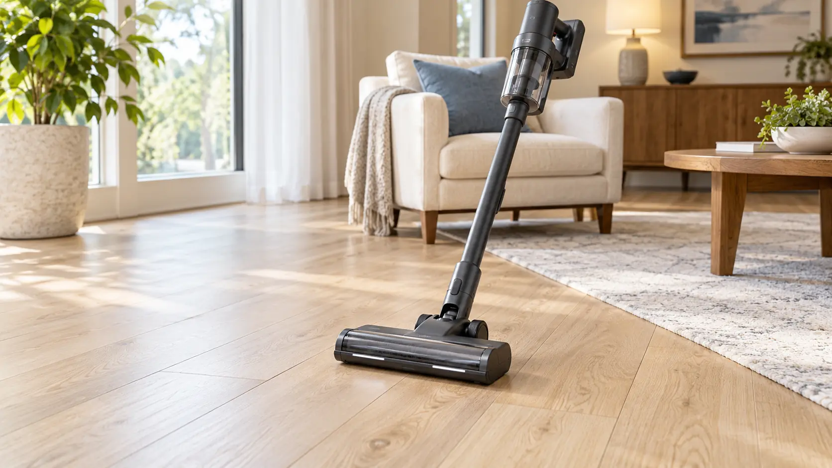 Cordless stick vacuum on oak-look vinyl plank flooring in a bright living room.