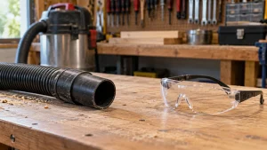 A detached vacuum hose and eye-protection goggles resting far apart on a clean workbench.