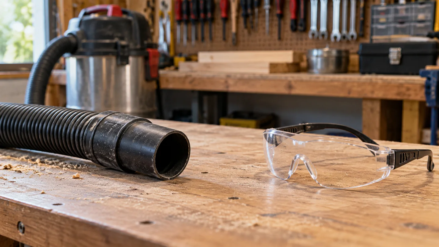 A detached vacuum hose and eye-protection goggles resting far apart on a clean workbench.