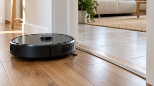 Robot vacuum approaching a low doorway transition strip.