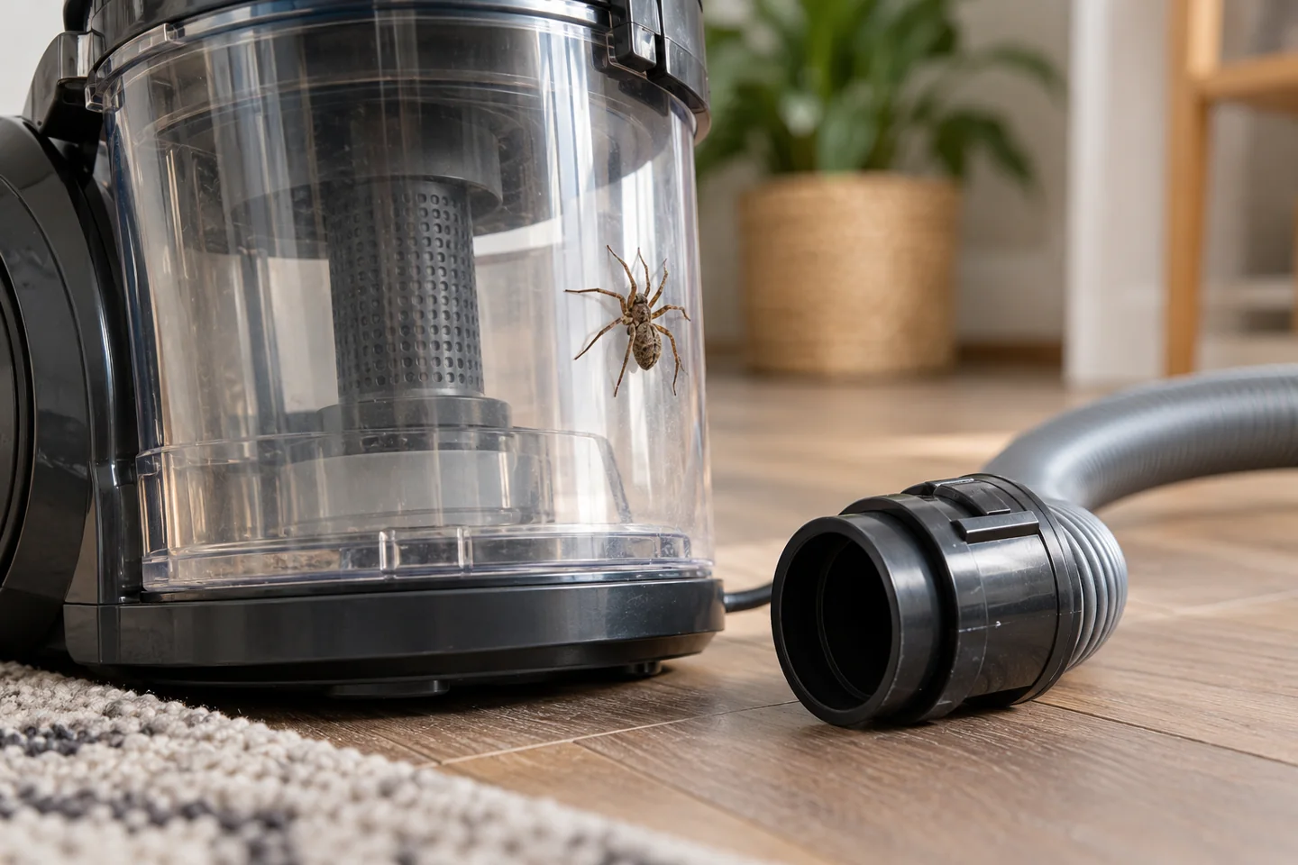 A small house spider on the outside of a transparent empty vacuum canister beside a detached hose, calm non-graphic macro editorial photograph.