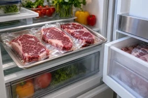 Sealed raw steak packages on a clean tray inside an open refrigerator, with a freezer drawer nearby.