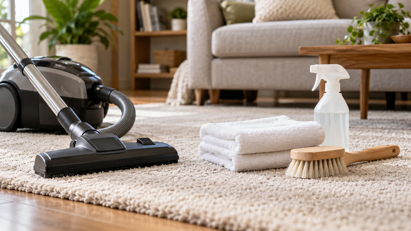 A home carpet-cleaning setup with vacuum, white cloths and soft brush on a tidy carpet edge.