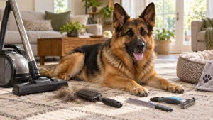 A healthy German Shepherd resting beside grooming tools and a vacuum in a bright comfortable home.