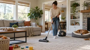 A person vacuuming a busy family living-room carpet with a dog bed nearby.