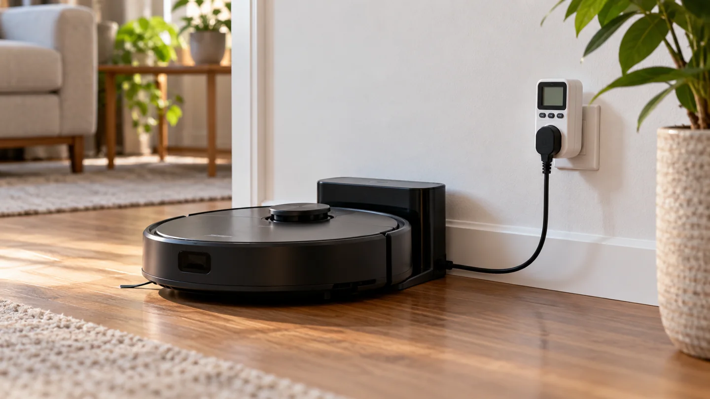 A robot charging dock plugged through an energy-meter plug with blank unreadable screen, tidy cable.