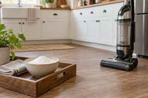 A small bowl of baking soda on a tray beside a switched-off vacuum standing well away on a kitchen floor