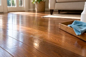 A hardwood floor with a small patch of dull sticky residue, a microfiber cloth on a tray nearby.