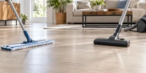 A microfiber flat mop and soft-bristled vacuum head on clean light laminate flooring.