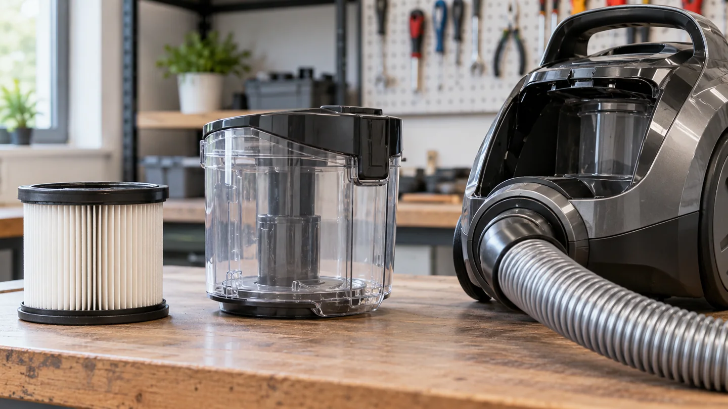 Close-up of a vacuum's intact dry filter, dustbin and hose connection on a clean technical workbench.