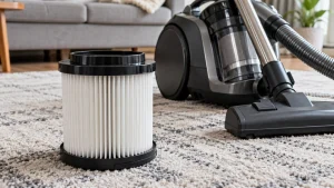 A close-up of a clean pleated HEPA-style vacuum filter in a black housing beside an unplugged vacuum.