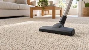 A suction-only vacuum head on a cream low-loop Berber carpet in a bright home, clear loop texture.