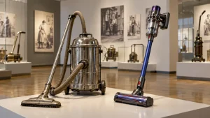 A restored vintage metal canister vacuum beside a modern cordless stick vacuum in a museum-like studio.