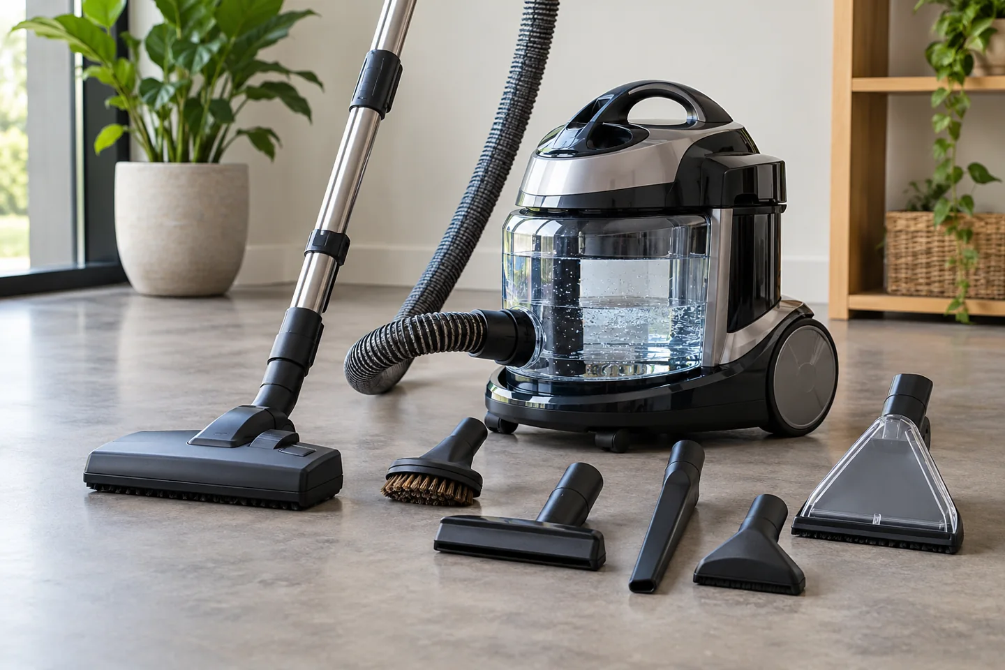 A premium water-filtration canister vacuum with clear water basin and organized accessories on a neutral studio floor.