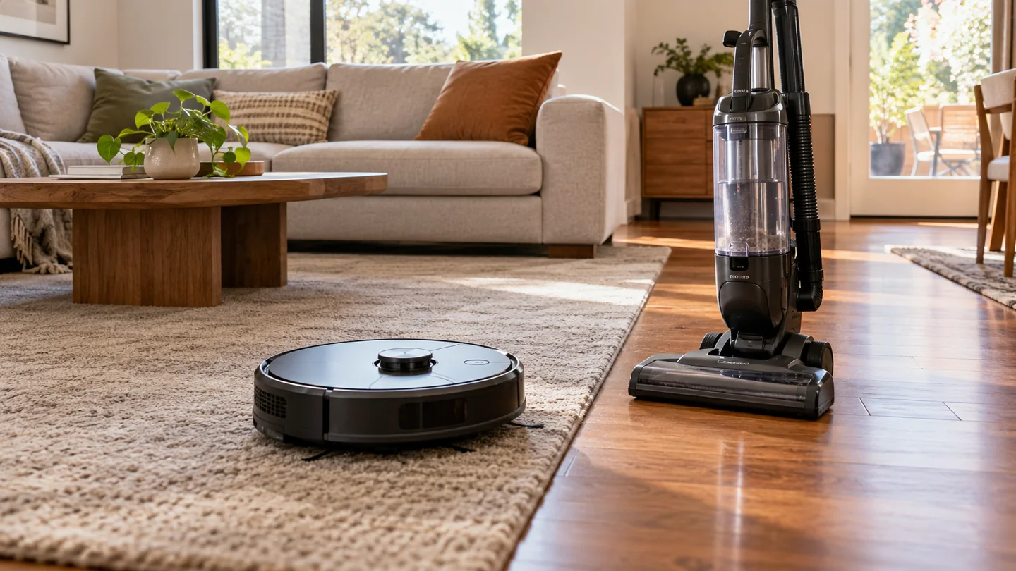 A robot vacuum and upright vacuum side by side in a mixed carpet and wood-floor living room.