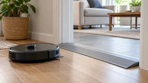 A robot vacuum approaching a broad shallow stable threshold ramp at a doorway.