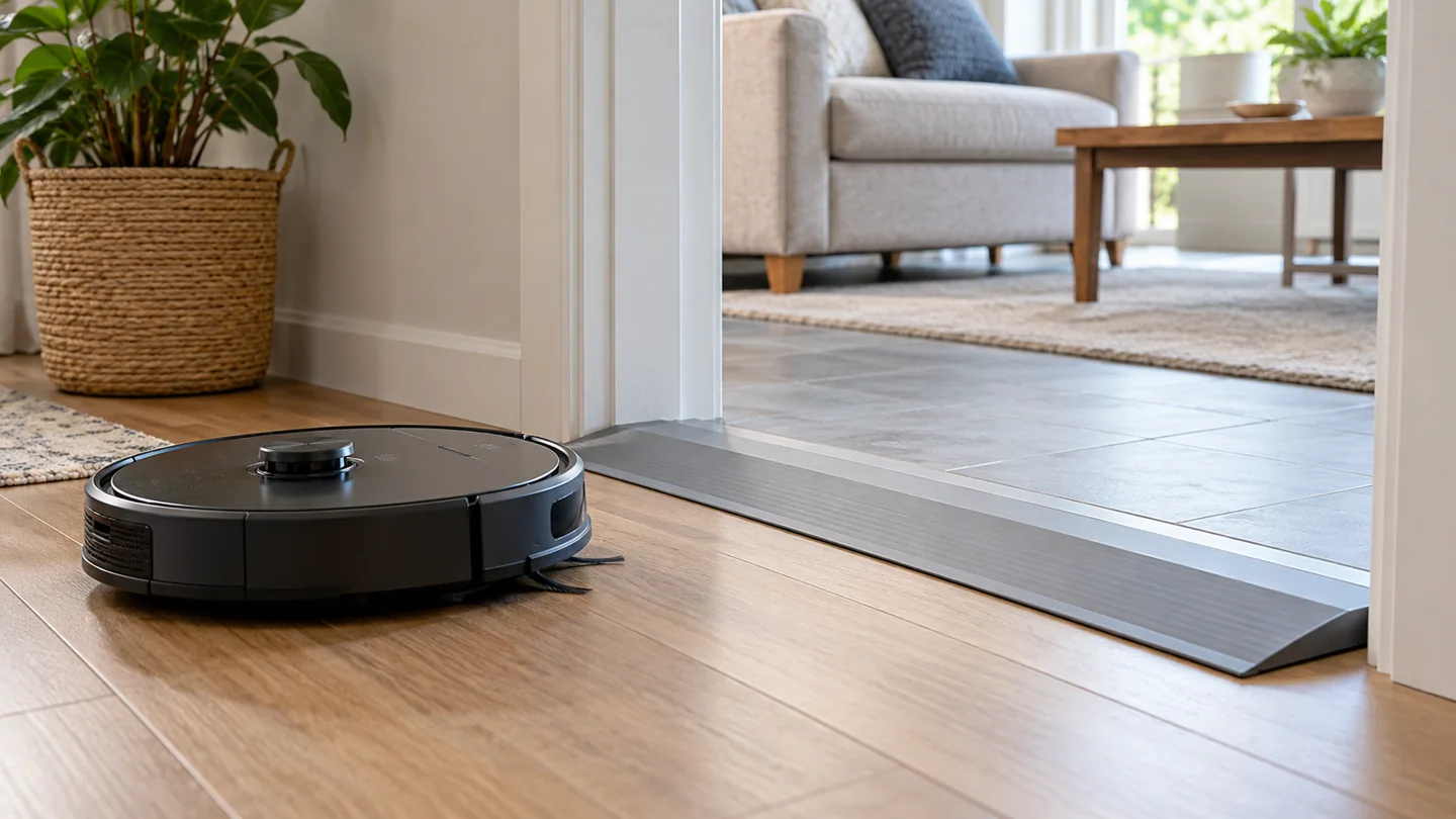 A robot vacuum approaching a broad shallow stable threshold ramp at a doorway.