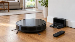 A simple unbranded round robot vacuum with sidebrushes next to its charging base and plain remote.