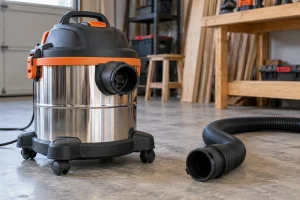 A wet-dry shop vacuum with a manufacturer-style blower outlet and disconnected hose resting beside it in a workshop.