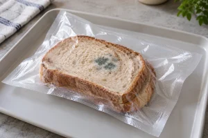 A vacuum-sealed transparent food-storage bag with a small patch of visible mold on bread inside, isolated on a washable tray.
