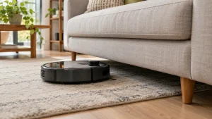 A robot vacuum approaching a low sofa with insufficient underside clearance, stationary in front of it.