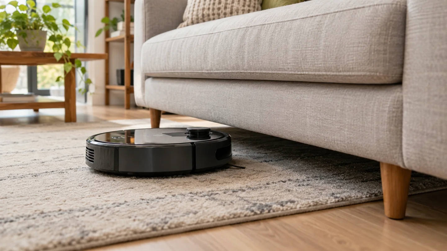 A robot vacuum approaching a low sofa with insufficient underside clearance, stationary in front of it.