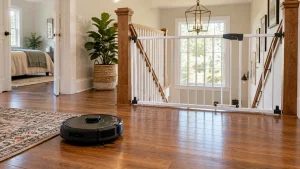 A robot vacuum on a wide upper landing safely separated from the stair opening by a physical baby gate.