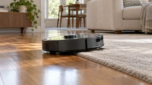 A robot vacuum at a gradual hardwood-to-low-pile-carpet transition, distinct floor textures.