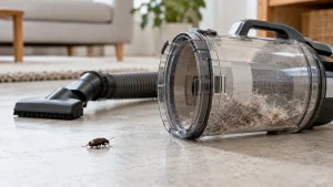 A small harmless beetle beside a detached transparent vacuum dustbin and hose on a neutral floor.