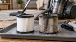 A clean pleated vacuum filter next to a used dusty filter on a maintenance tray.