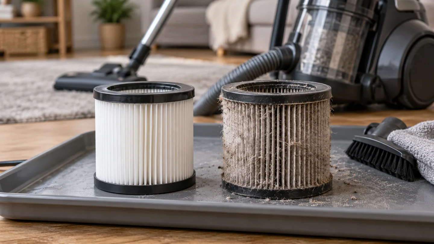 A clean pleated vacuum filter next to a used dusty filter on a maintenance tray.