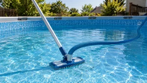 A manual pool vacuum head attached to telescopic pole and hose in an above-ground swimming pool.