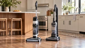 A wet-dry upright floor washer beside a separate dry vacuum in a clean kitchen.