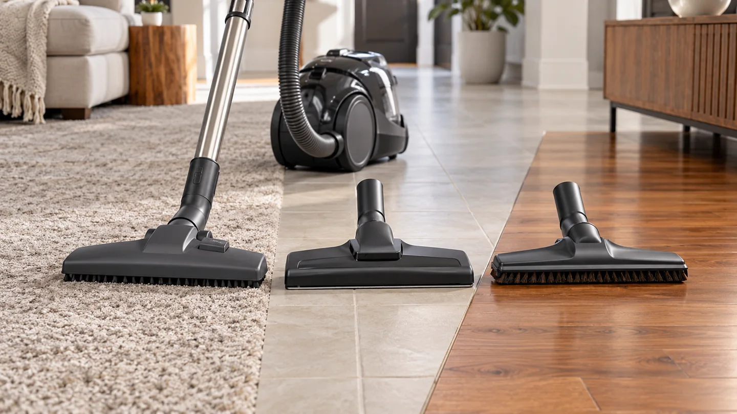 A vacuum with three interchangeable floor tools neatly arranged where carpet, tile and wood flooring meet in a showroom.