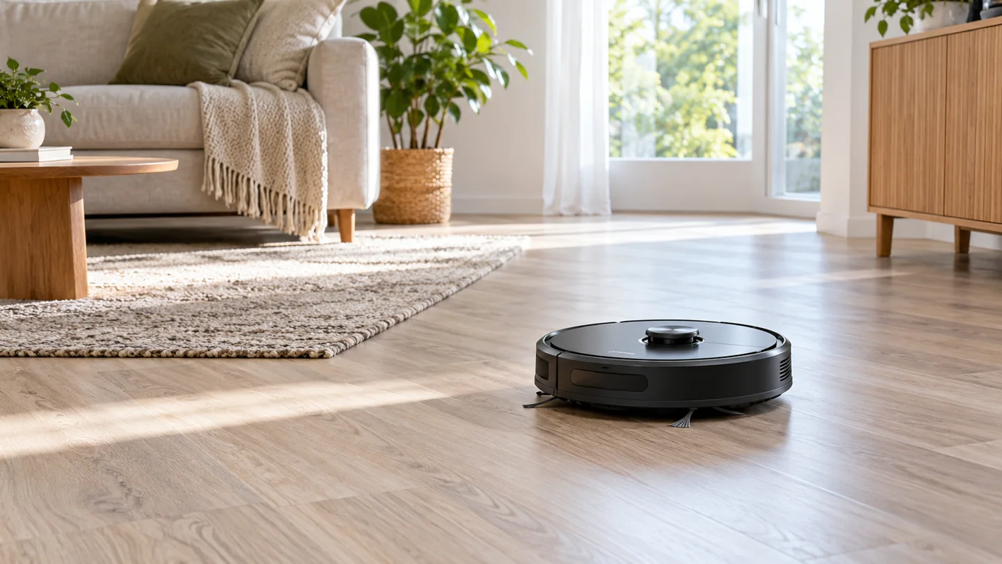 A robot vacuum on light laminate floor in an airy room, clean dry wheels.