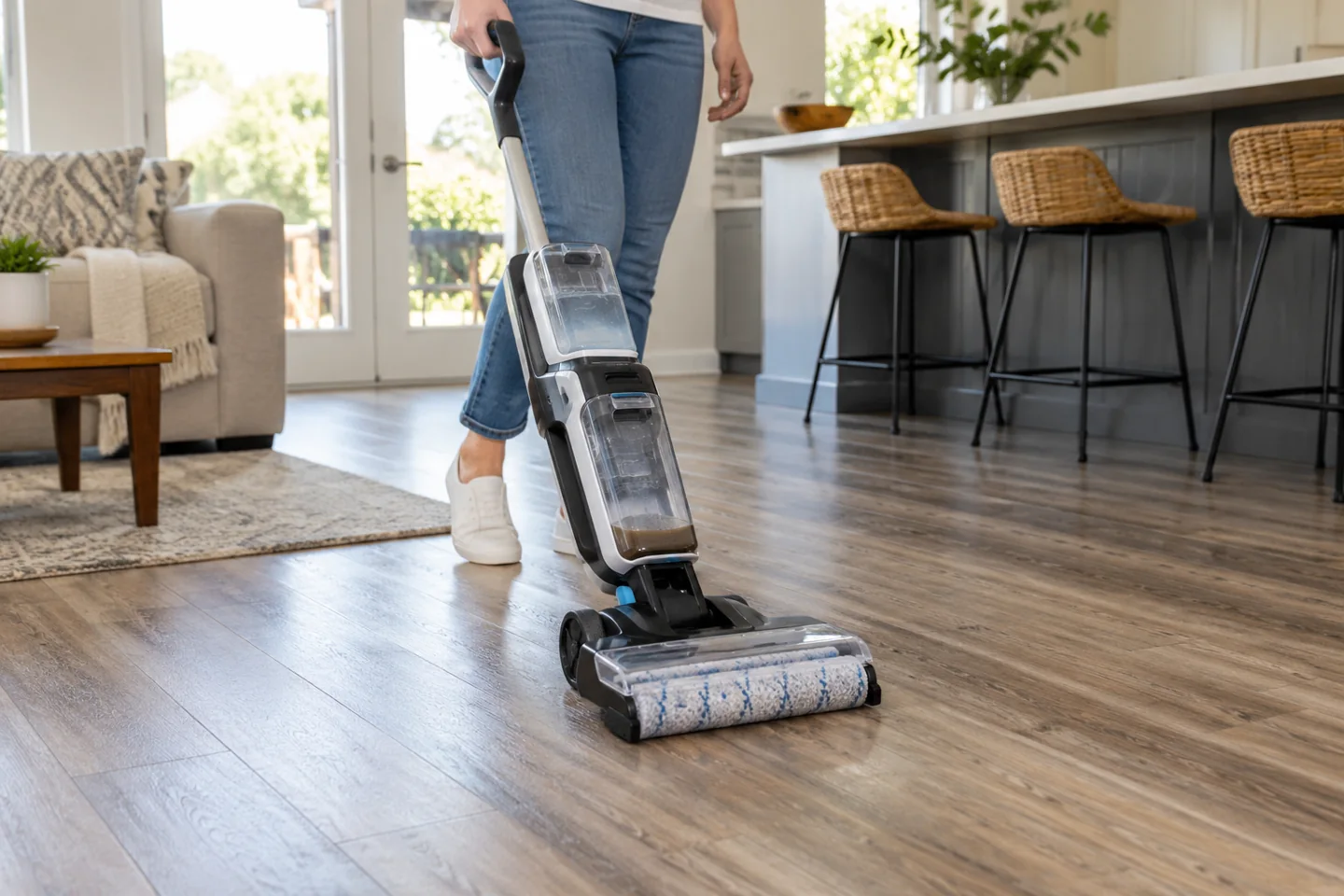 An unbranded upright wet-dry floor washer on vinyl plank flooring with its water tanks attached
