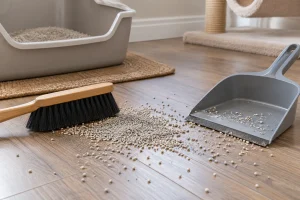 Scattered clean dry cat-litter granules on a hard floor beside a dustpan and hand broom.
