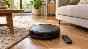 A simple robot vacuum with physical buttons beside a plain handheld remote