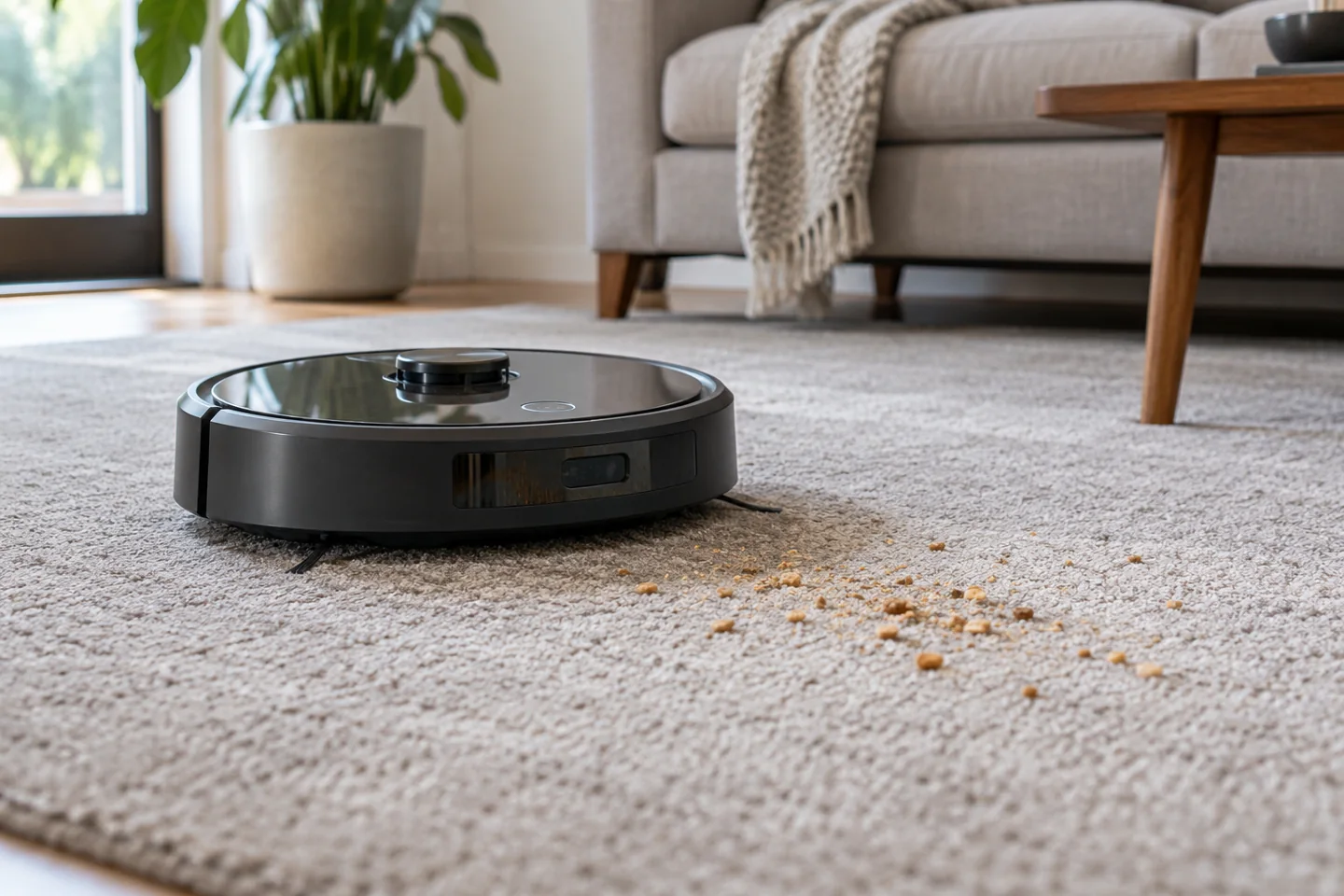 A robot vacuum cleaning a low-pile carpet with a small amount of visible dry crumbs ahead.