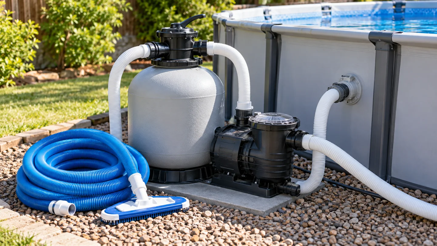 An above-ground swimming pool pump and filter with a pool vacuum hose neatly coiled beside it, intact plumbing.