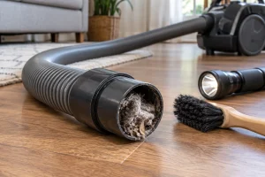 A detached vacuum hose with a visible fabric clog near its open end, flashlight and soft cleaning brush nearby.