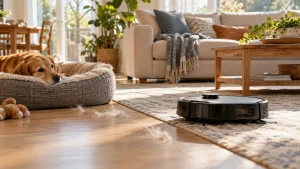 A robot vacuum in a family living room with a dog bed and a few pet hairs, morning sunlight.