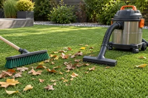 A patch of artificial lawn with fallen leaves and a stiff turf brush beside a stationary outdoor-rated vacuum.