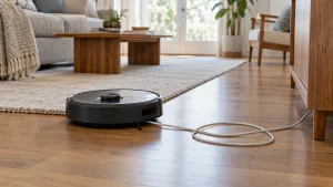 A robot vacuum paused beside a loose charging cable on the floor, realistic minor route obstacle.