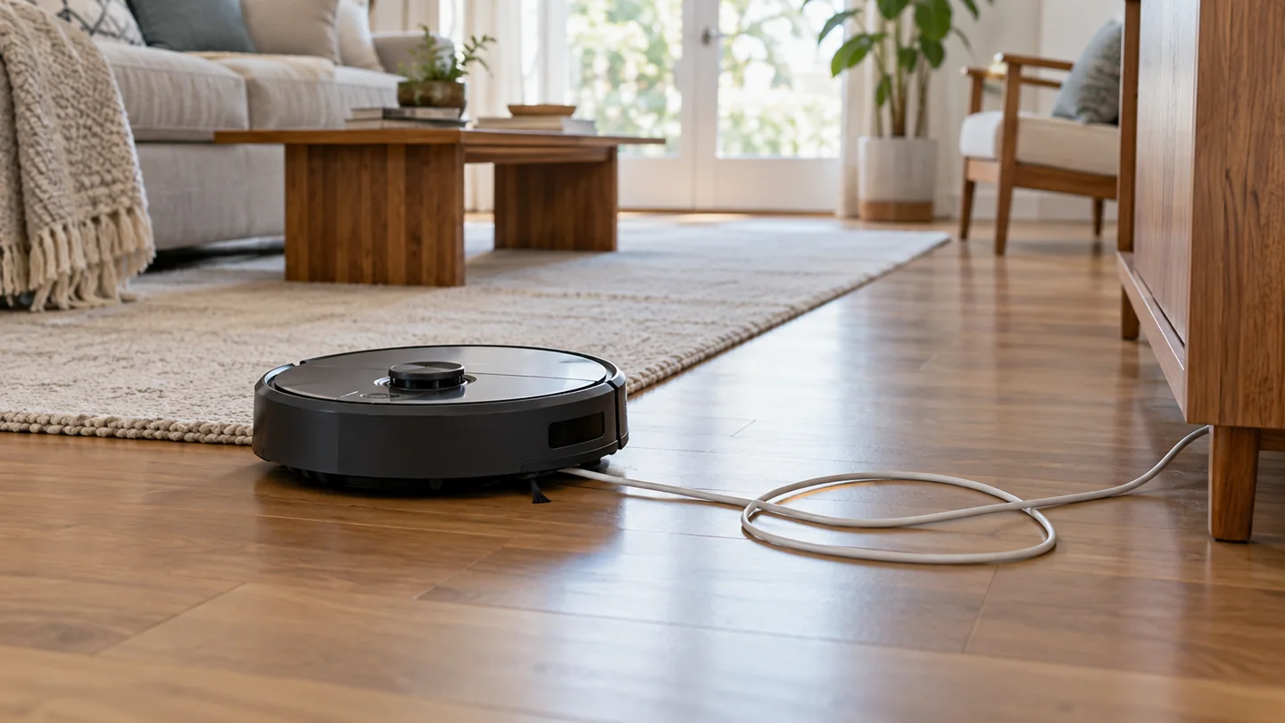 A robot vacuum paused beside a loose charging cable on the floor, realistic minor route obstacle.