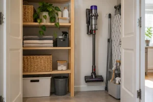 A cordless stick vacuum safely secured upright to a wall mount inside a spacious utility cupboard.