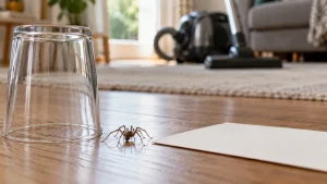 A small house spider beside a clear drinking glass and stiff card, vacuum blurred far away.