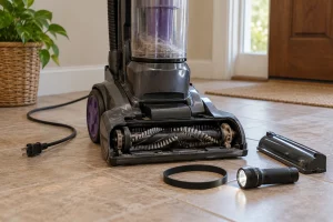 An unplugged upright vacuum on tile with disconnected plug, removed belt and inspection flashlight beside it.