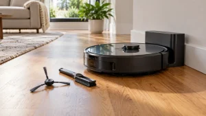 A robot vacuum at its charging base with a dry cleaning brush and neatly removed sidebrush nearby.