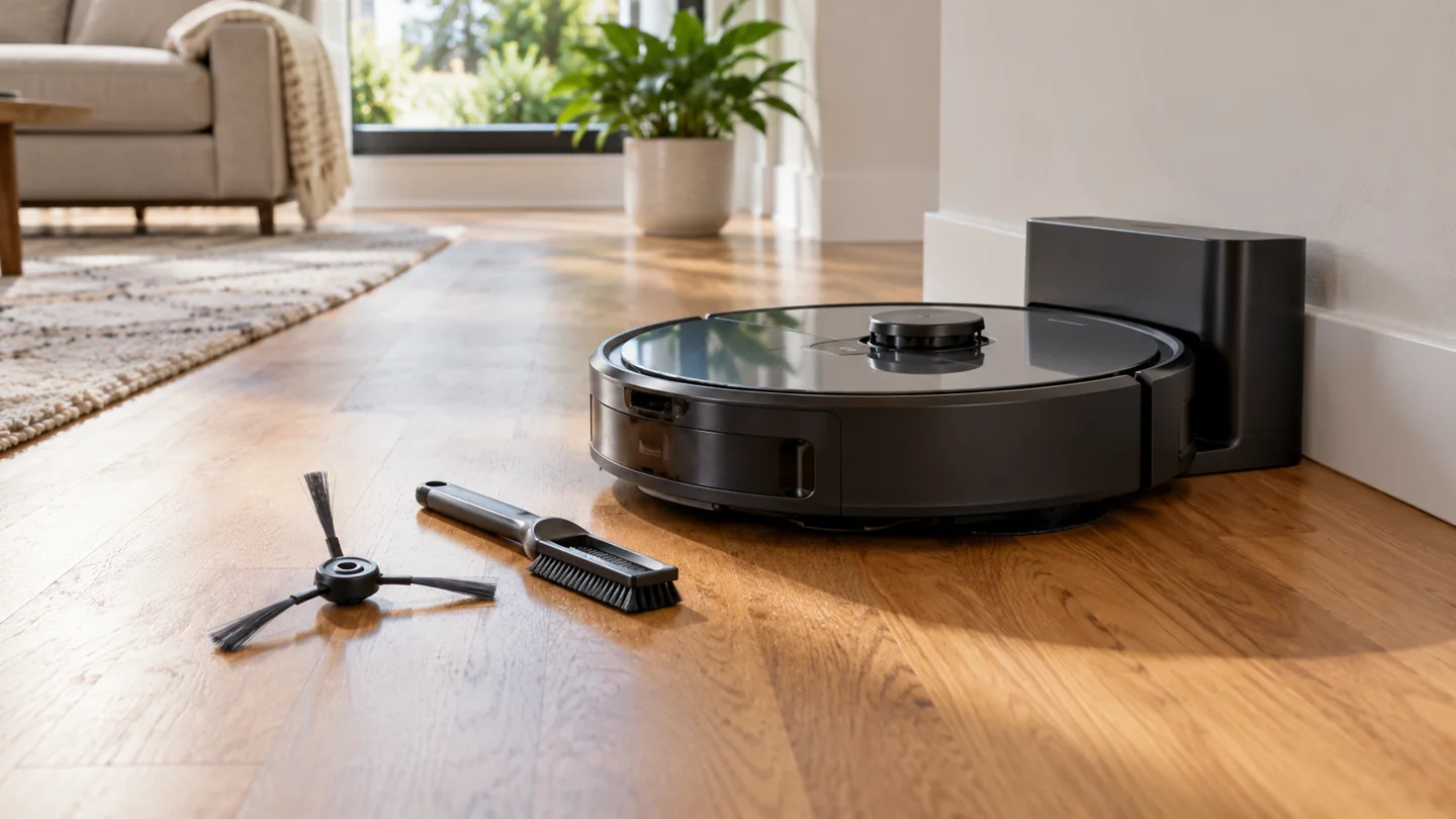 A robot vacuum at its charging base with a dry cleaning brush and neatly removed sidebrush nearby.